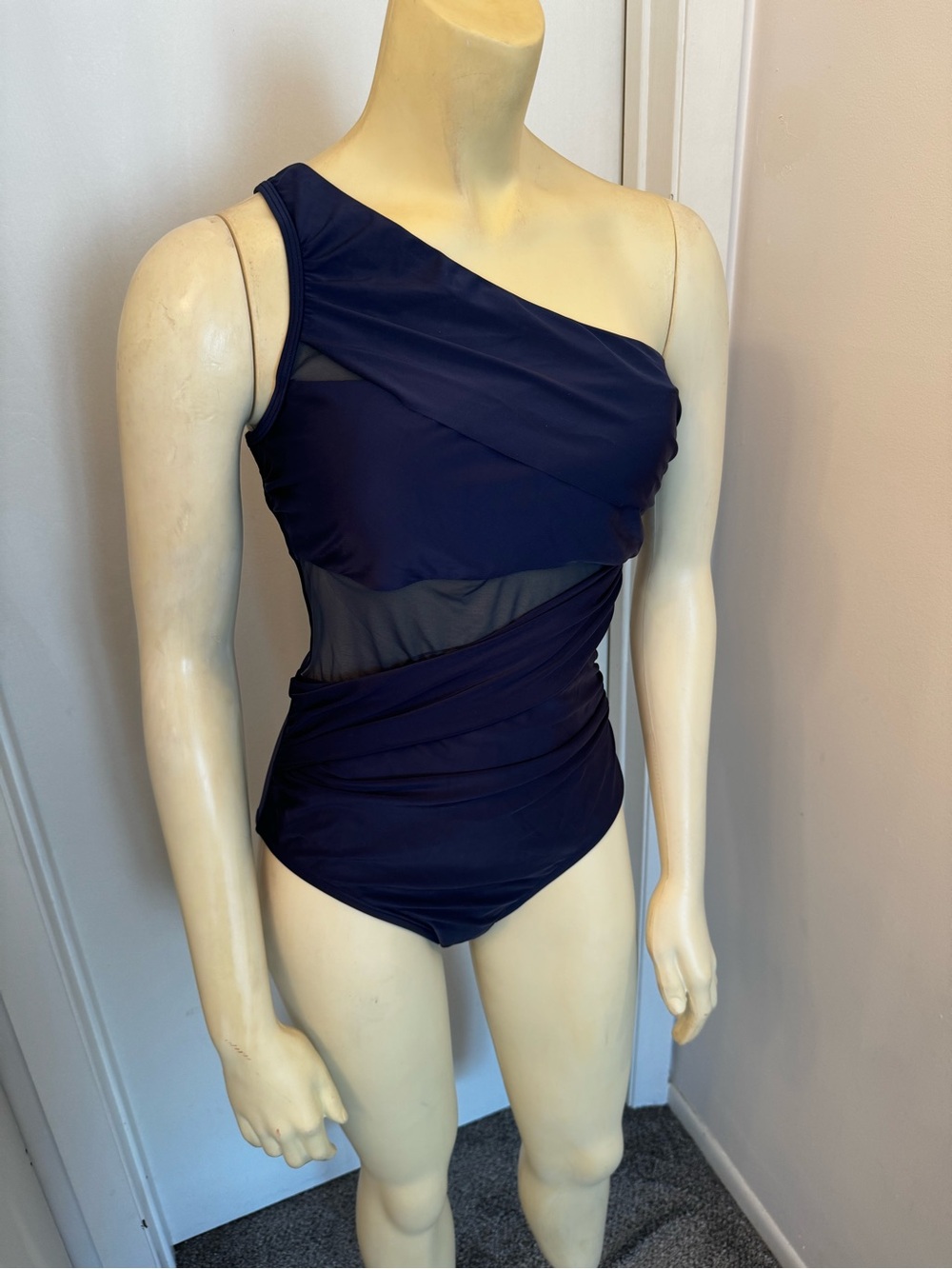 Cupshe Navy One-Shoulder Mesh Panel One-Piece Swimsuit